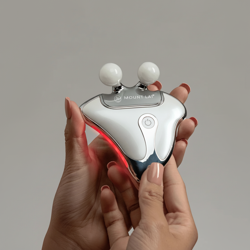 Mount Lai device held in hands on a neutral grey square background