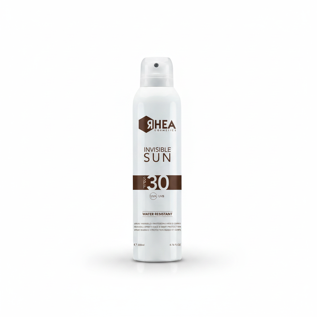 Rhea Cosmetics Invisible Sun SPF 30 spray on a white background