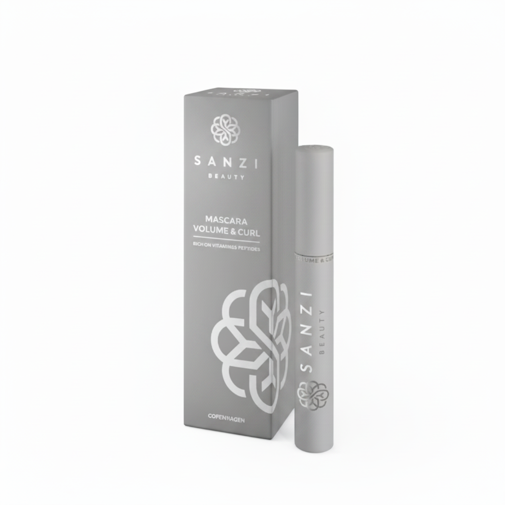 SANZI Mascara Volume and Curl box and tube in matching neutral grey on a white background
