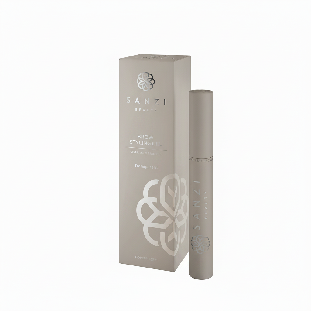 SANZI Brow Styling Gel Clear box and tube in matching soft grey-taupe on a white background