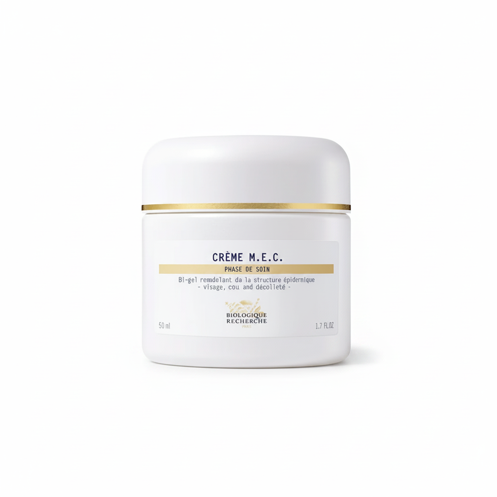 Crème M.E.C. jar on a white background with clean studio presentation