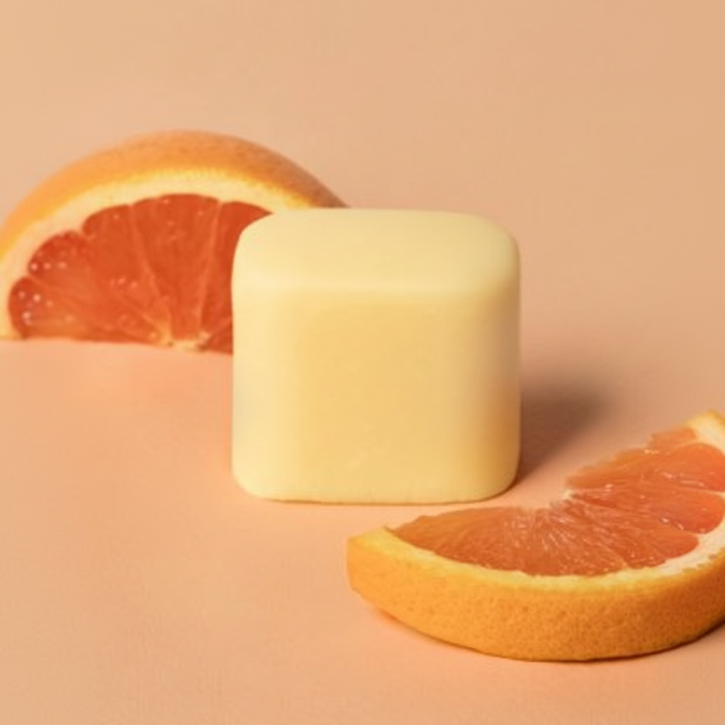 Summer Crush solid organic deodorant on a peach citrus background with no white border