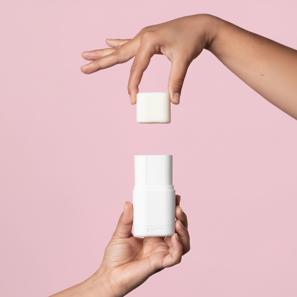 Kiima refillable deodorant applicator in use on a full pink background